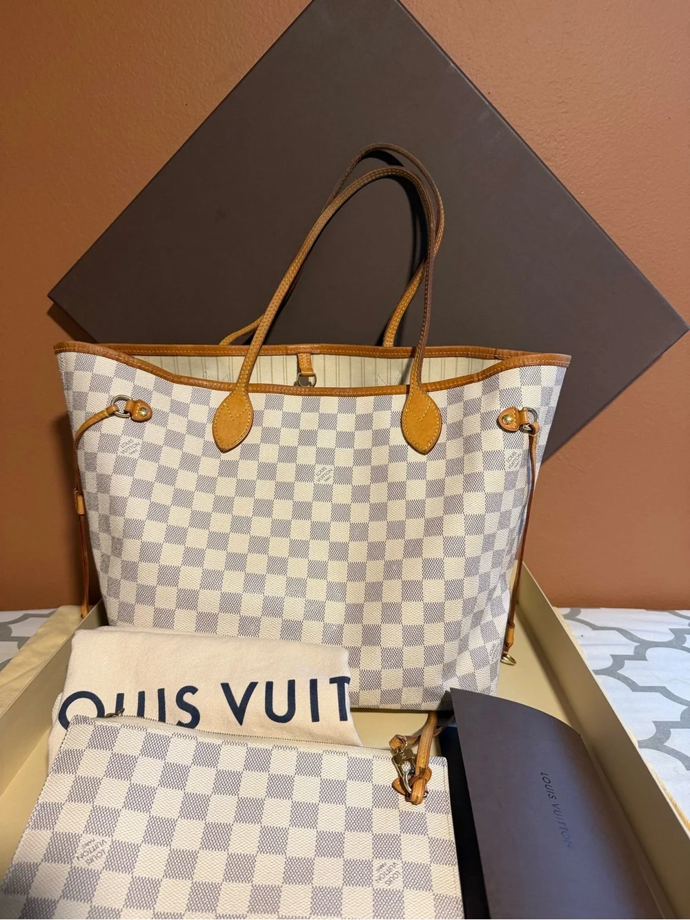 Louis Vuitton Damier Azur Tote with Vachetta Trim in White and Tan